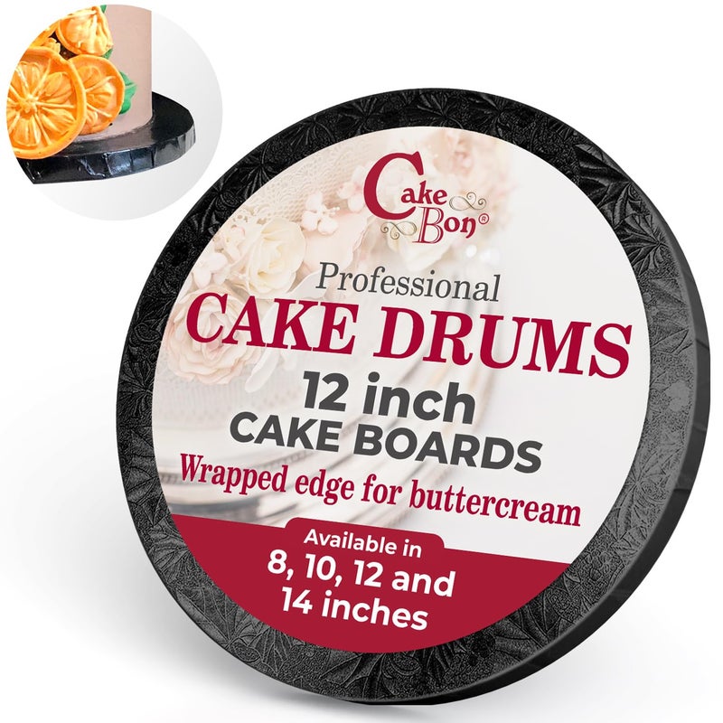 Cakebon Round Cake Boards - Sturdy 1/2 Thick Drums - 12 Inch Professional Fully Wrapped Edges Black 6-Pack - Image 1